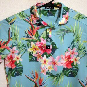 Bad Birdie Shirt Mens Medium Short Sleeve Golf Polo Hawaiian Tropical Flowers